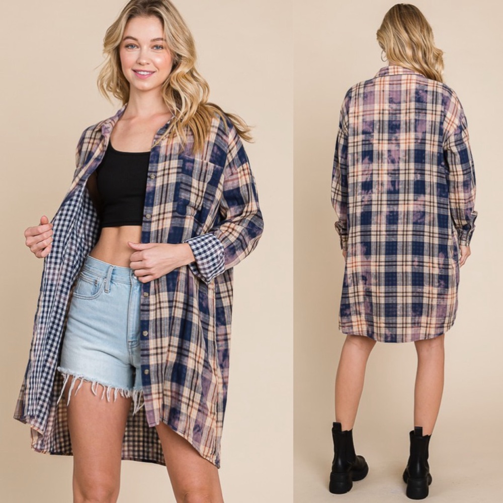NEW! Cotton Soft Blue/Purple Plaid - Tie Dye Button Down Shirt Dress or Cardigan - Picture 11 of 11